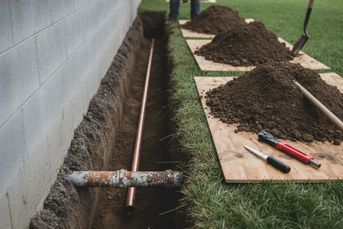 Excavated water line trench during Water Heater Repair in Graham